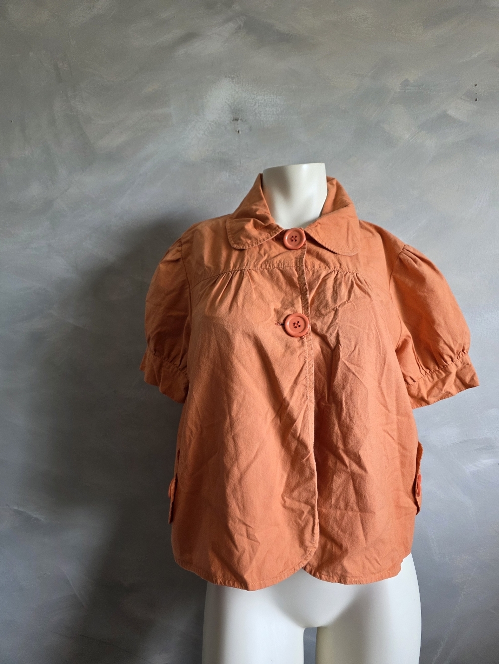Orange Short Puff Sleeve Cotton Jacket Top Lightweight Big Button Y2k Sz L